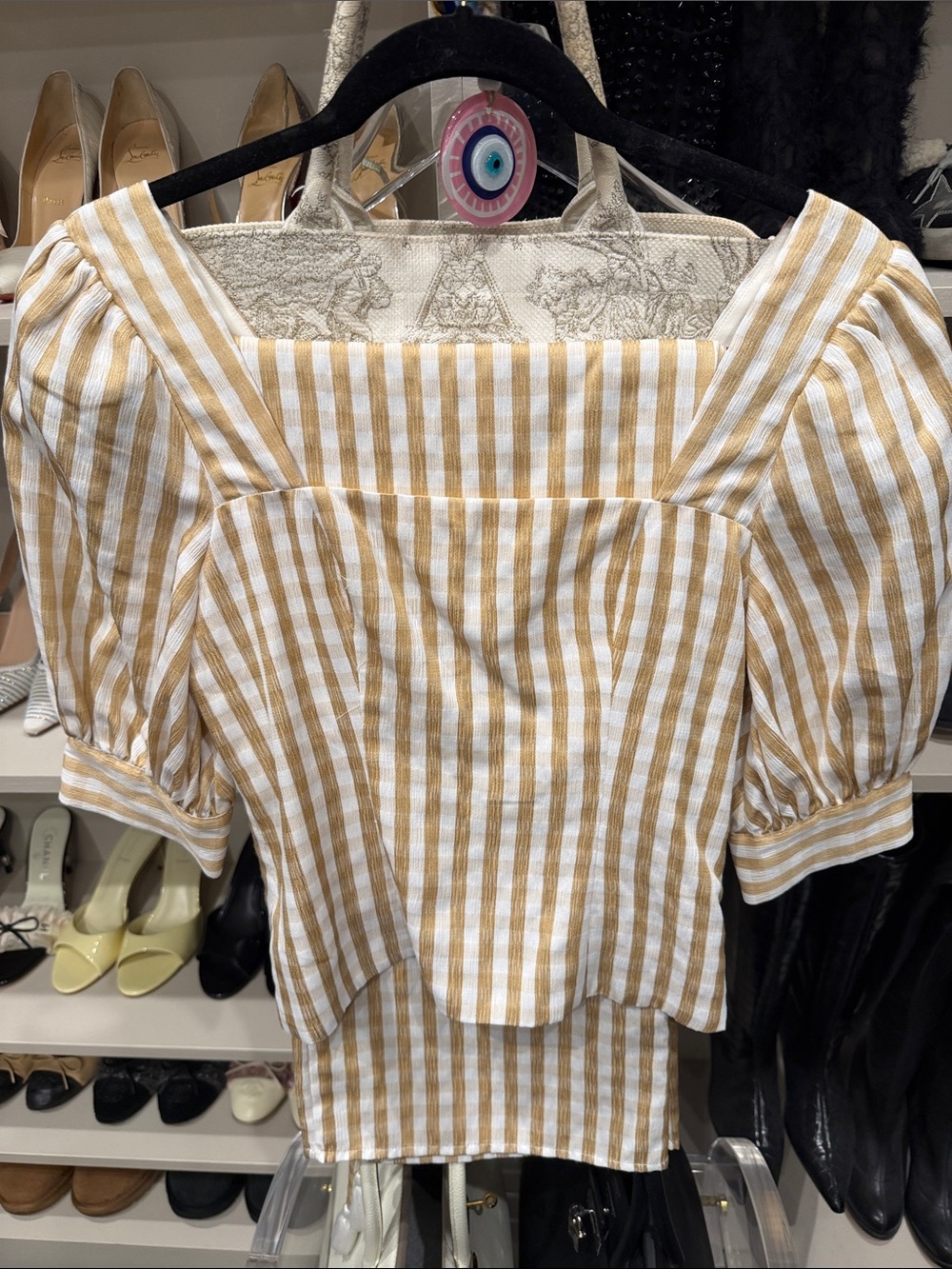 MAJORELLE Yellow and White Striped Puff-Sleeve Square-Neck Top